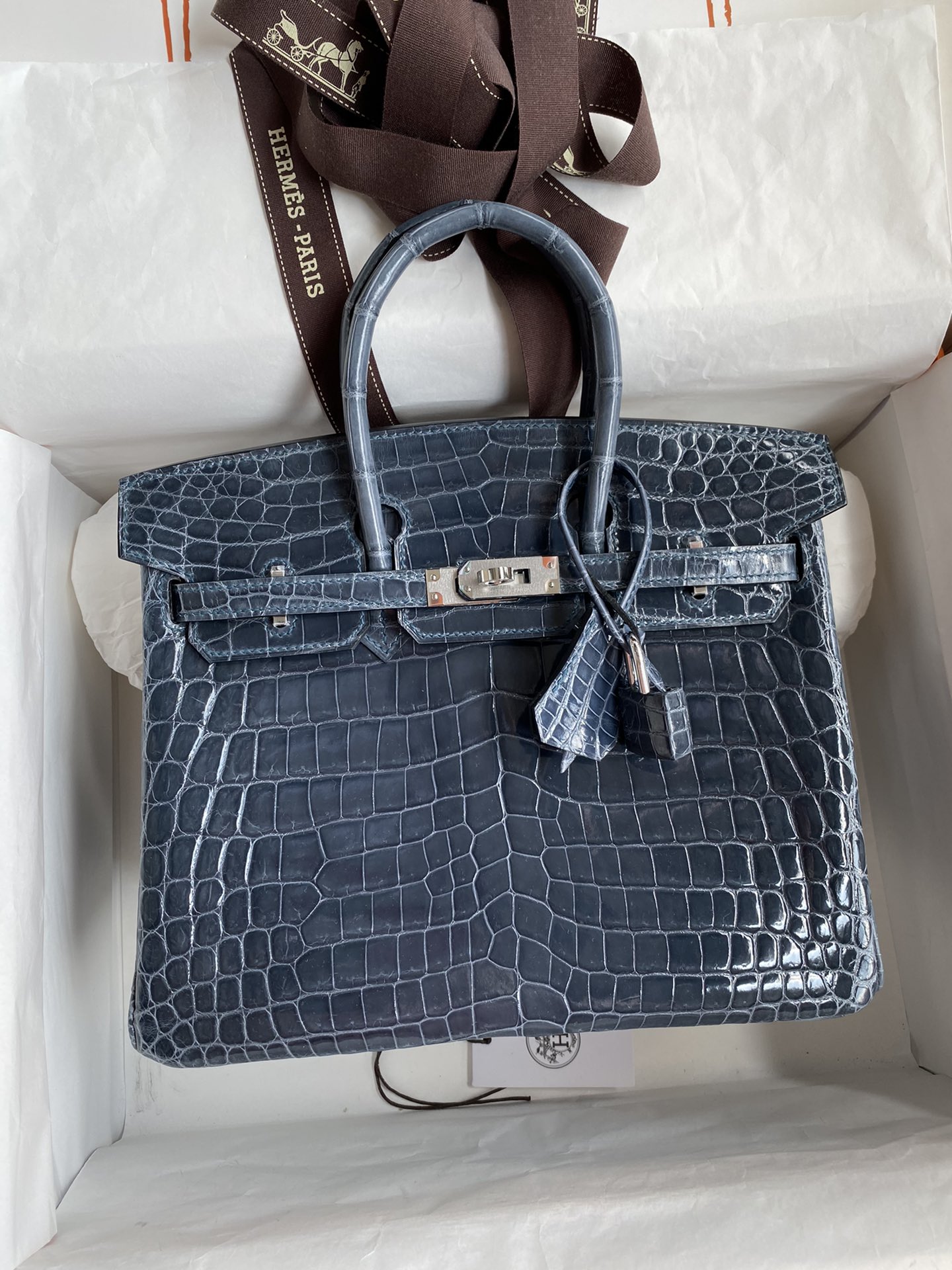 Hermes Birkin 25CM Handmade Bag In Blue Orage Crocodile Niloticus Shiny Skin